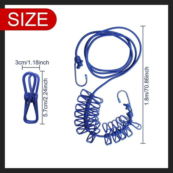 Portable Multi Functional Drying Rope with 12 Clips and 2 Hooks Durable Portable Outdoor Travel Clothesline Rope Clothes Hanging Hook (Multicolor)