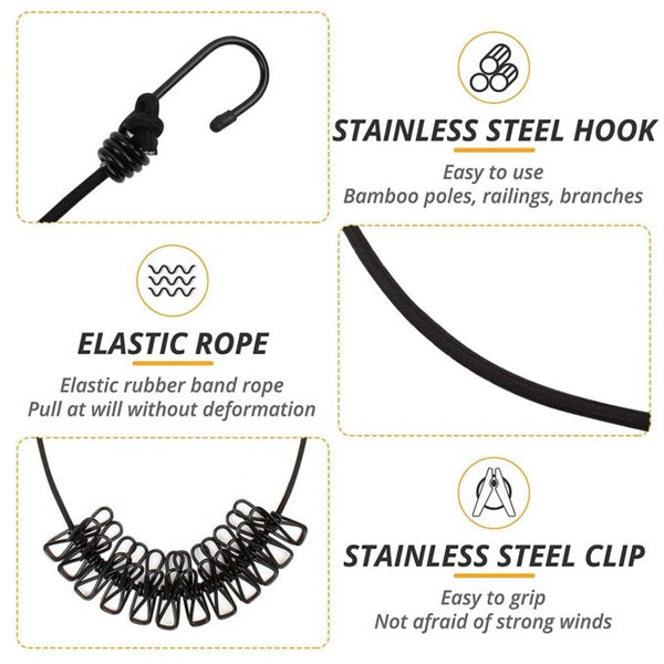 Portable Multi Functional Drying Rope with 12 Clips and 2 Hooks Durable Portable Outdoor Travel Clothesline Rope Clothes Hanging Hook (Multicolor)