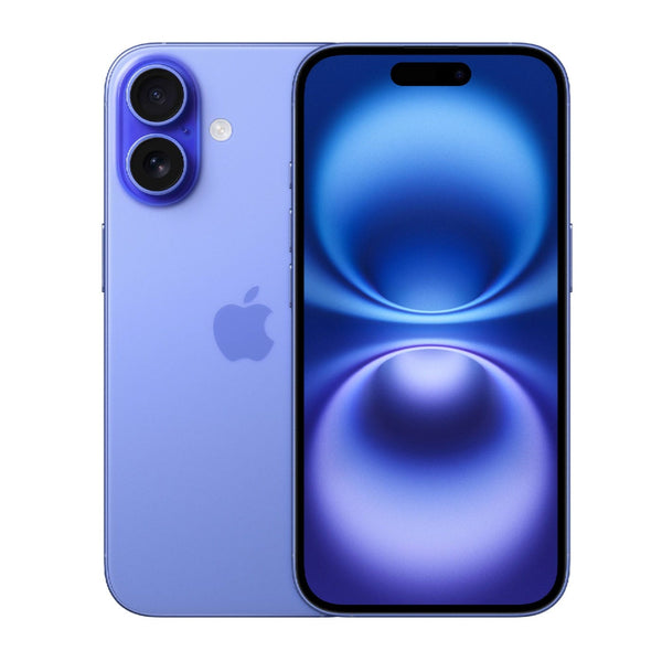 Apple iPhone 16 in Ultramarine - front and back view