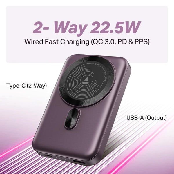 Boat EnergyShroom PB331 (Magsafe) 10000mAh Magnetic Wireless Powerbank, 15W Wireless & 22.5W Wired Charging for (iPhone 16, 15, 14, 13 & 12, Android & Other Qi Enabled Devices) (Purple)