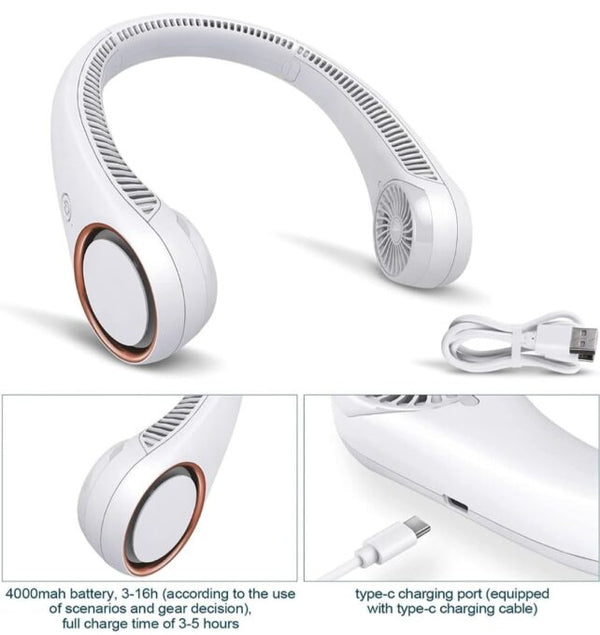 Hanging Neck Fan - 3 Adjustable Gears - Power Button & Fan Speed Selection | Type C USB Port Input | Dual Motor Hands-Free Cooling