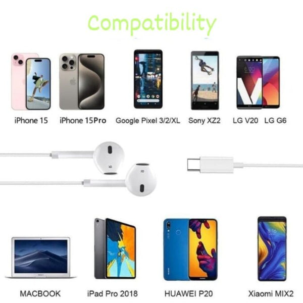 For iPhone 15 to 17 Series Type-C HandsFree Earphone Wired with Microphone & Noise Cancelling in-Ear Headset Earbuds for iPhone 15 / 16 / 17 - Plus/ Pro/ Pro Max Only- [White]
