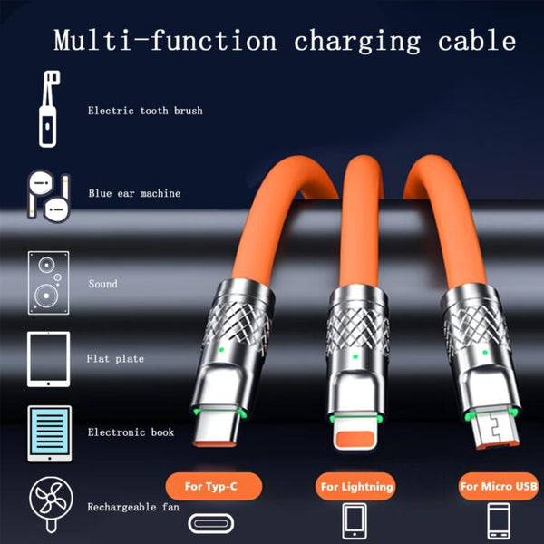 120W 3A Super Fast Charger - 3-in-1 Zinc Alloy Charger Cable with Type C, Liquid Silicone, and Micro USB - Ultimate Charging Solution
