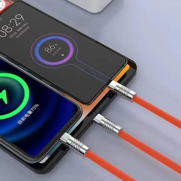 120W 3A Super Fast Charger - 3-in-1 Zinc Alloy Charger Cable with Type C, Liquid Silicone, and Micro USB - Ultimate Charging Solution