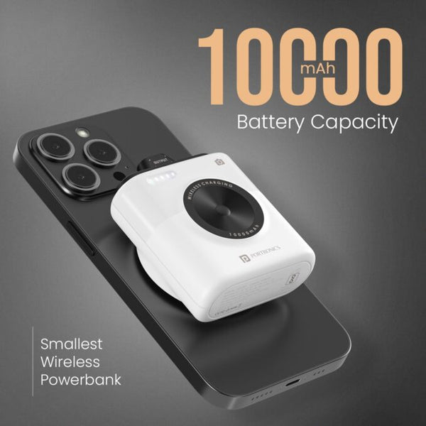 Portronics Moji 10K Smallest Wireless 10000Mah Fast Charging Power Bank with Detachable USB Type-C Cable, Strong Magnet, 20W Wired Output, for iPhone 12 & Above, Android & All Qi Enabled Devices