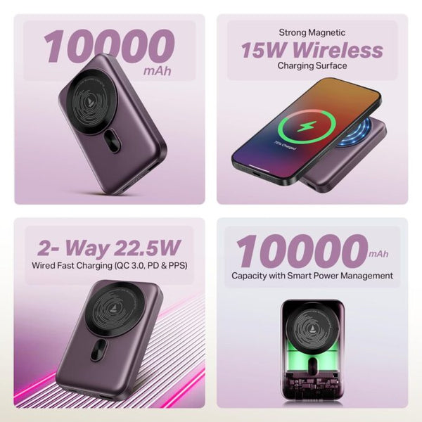 Boat EnergyShroom PB331 (Magsafe) 10000mAh Magnetic Wireless Powerbank, 15W Wireless & 22.5W Wired Charging for (iPhone 16, 15, 14, 13 & 12, Android & Other Qi Enabled Devices) (Purple)