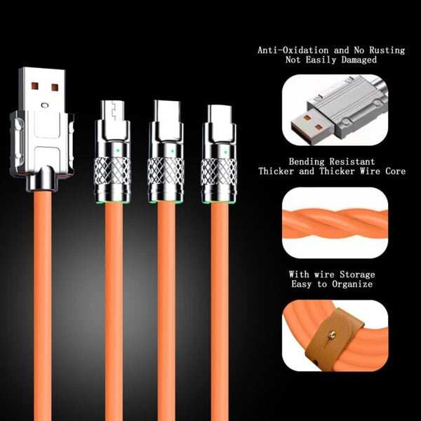 120W 3A Super Fast Charger - 3-in-1 Zinc Alloy Charger Cable with Type C, Liquid Silicone, and Micro USB - Ultimate Charging Solution