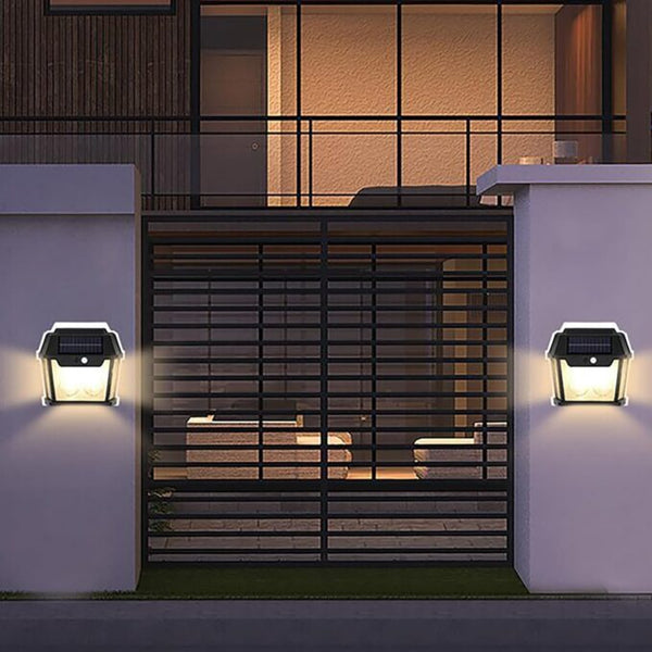 Outdoor Solar Interaction 2 LED Wall Lamp with Motion Sensor Wireless Auto Chargeable Dusk to Dawn Exterior Lamps for Front Porch and Garden (Warm Light,)