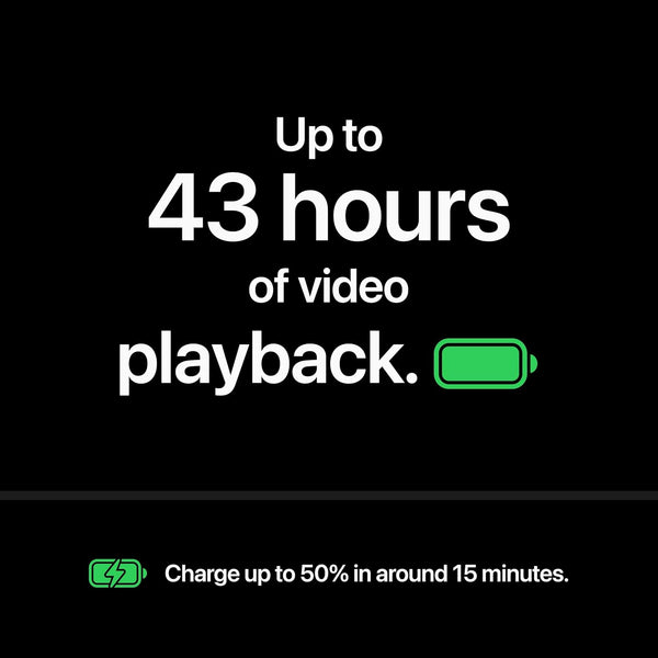 Apple iPhone 18 Pro Max battery performance graphic highlighting up to 43 hours of video playback for long-lasting entertainment, streaming and everyday smartphone use.