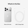 Apple iPhone 18 Pro Max silver package contents showing the phone and USB-C charging cable included in the box for charging and connecting the device.