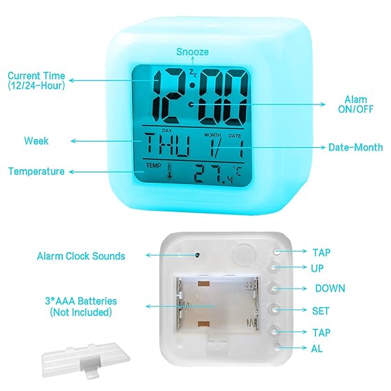 7 Colour Changing LED Digital Alarm Clock Table Watch with Date Time Temperature for Office Bedroom Multicolor