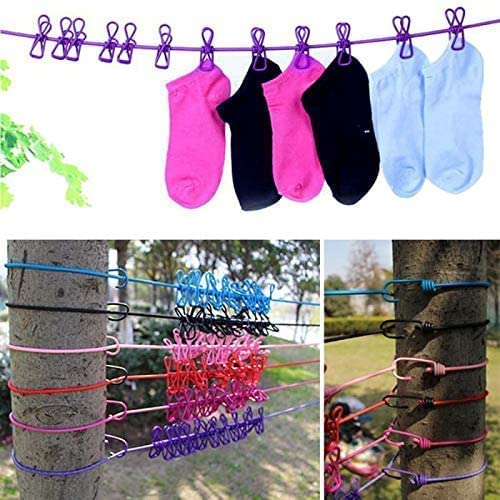 Portable Multi Functional Drying Rope with 12 Clips and 2 Hooks Durable Portable Outdoor Travel Clothesline Rope Clothes Hanging Hook (Multicolor)