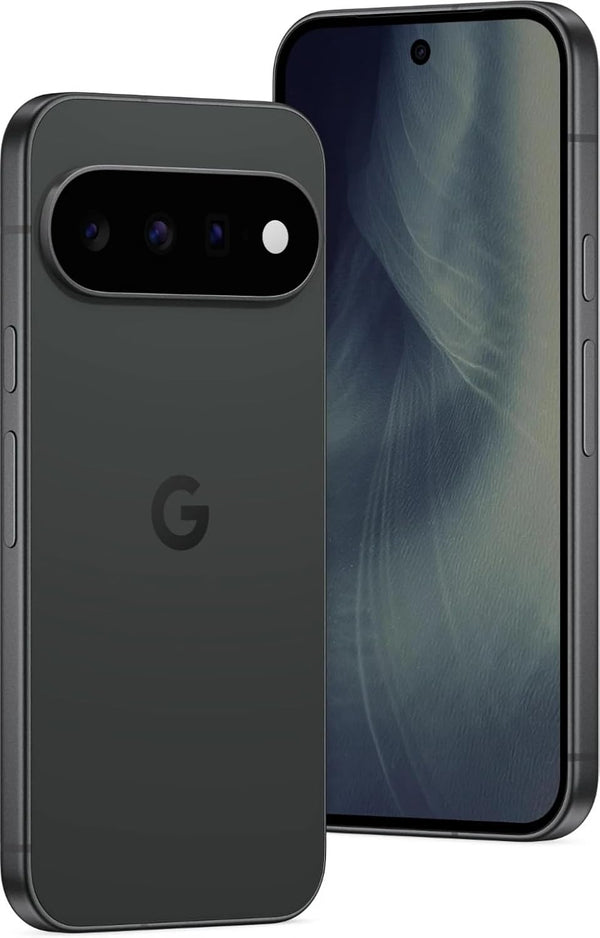 Angled front and rear view of Google Pixel 11 5G in Obsidian colour, displaying its dark body, blue-toned screen and horizontal triple-camera system.
