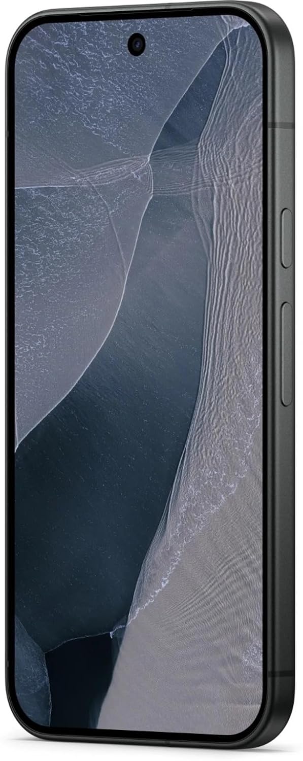 Angled front view of Google Pixel 11 5G in Obsidian colour, showing its edge-to-edge display, rounded corners and dark metal frame.