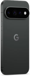 Angled rear view of Google Pixel 11 5G in Obsidian colour, showing the matte dark back, Google G logo and black triple-camera bar with flash.