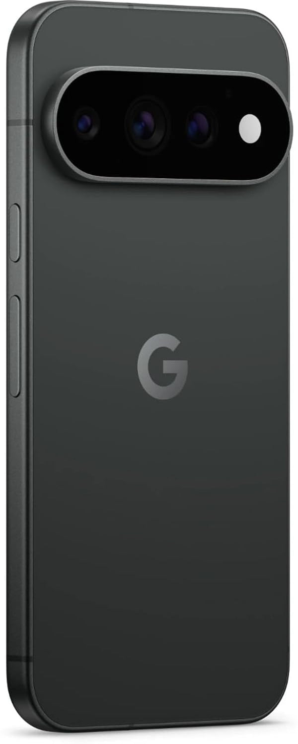 Angled rear view of Google Pixel 11 5G in Obsidian colour, showing the matte dark back, Google G logo and black triple-camera bar with flash.