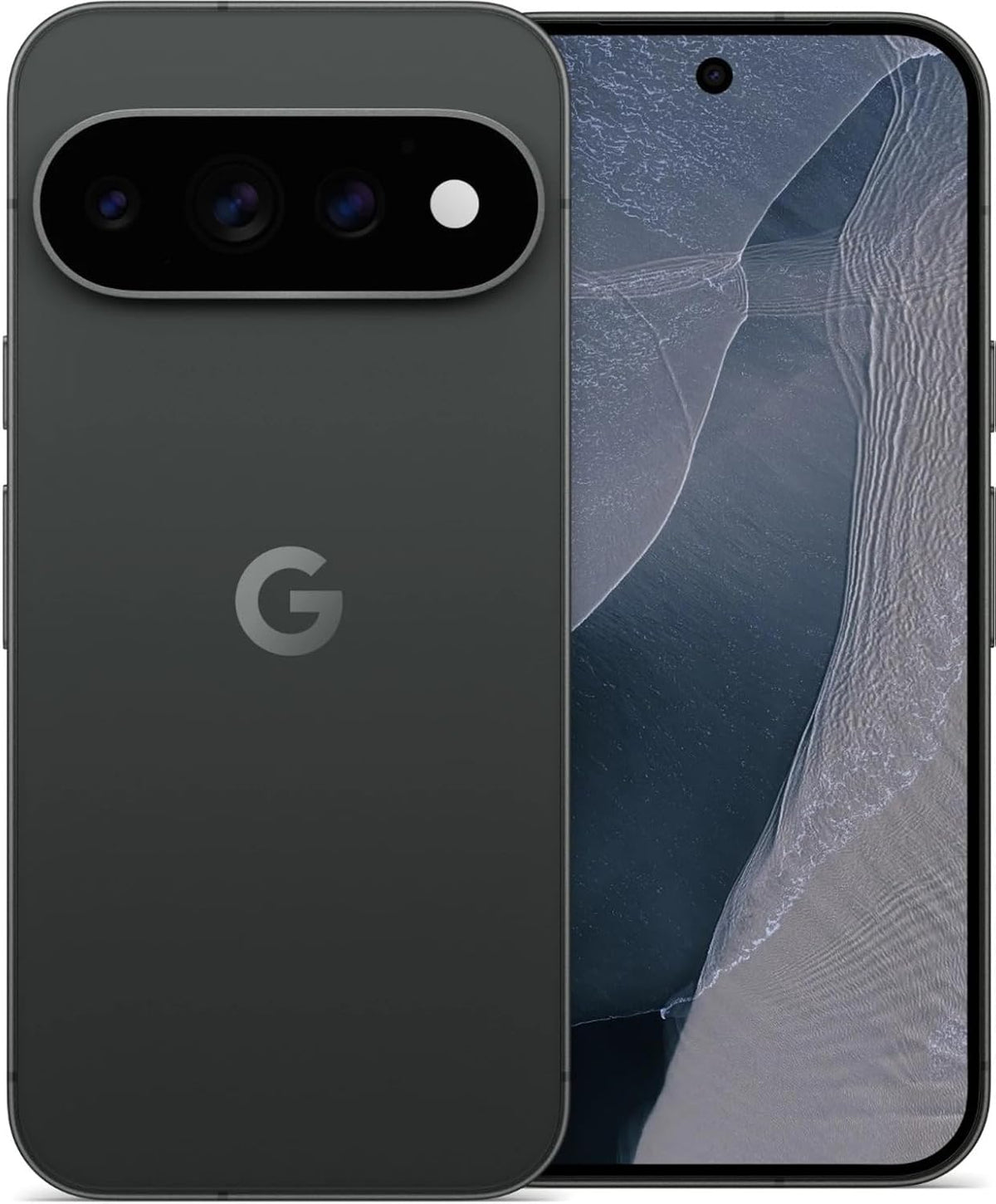Google Pixel 11 5G in Obsidian colour shown from the front and back, featuring a dark finish, blue-grey display wallpaper and horizontal triple-camera bar.