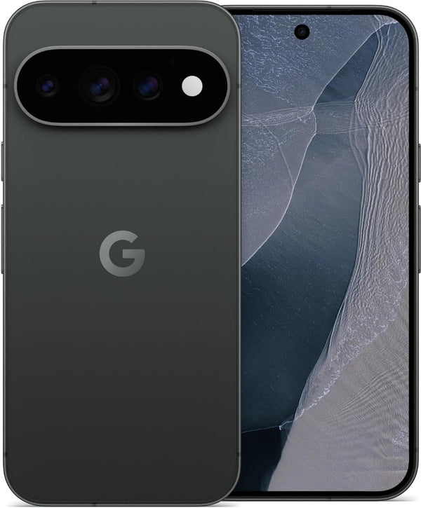 Google Pixel 11 5G in Obsidian colour shown from the front and back, featuring a dark finish, blue-grey display wallpaper and horizontal triple-camera bar.