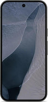 Front view of Google Pixel 11 5G in Obsidian colour, featuring a blue-grey abstract wallpaper, slim black bezels and centred punch-hole selfie camera.