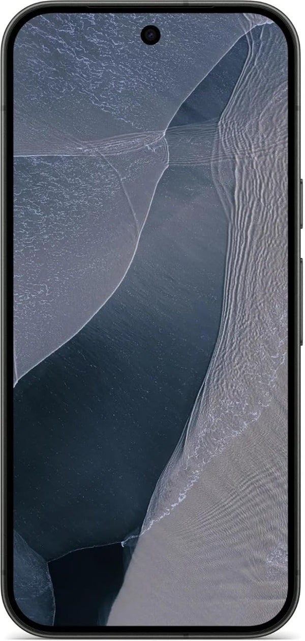 Front view of Google Pixel 11 5G in Obsidian colour, featuring a blue-grey abstract wallpaper, slim black bezels and centred punch-hole selfie camera.