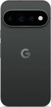 Rear view of Google Pixel 11 5G in Obsidian colour, showing its dark black glass back, centred Google G logo and horizontal triple-camera system with flash.