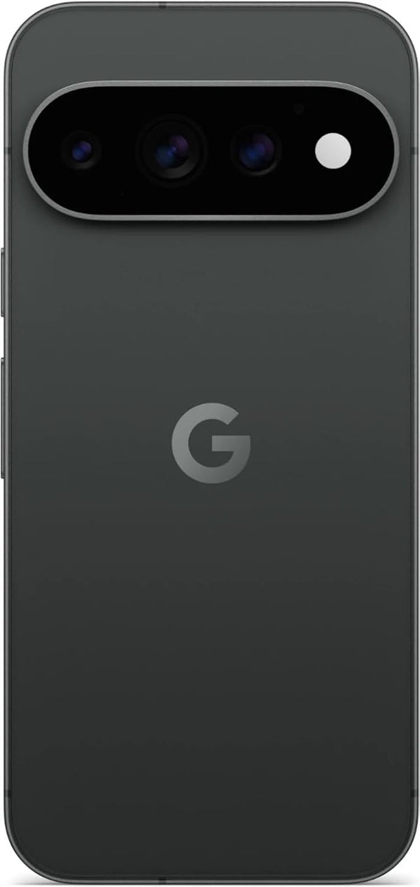 Rear view of Google Pixel 11 5G in Obsidian colour, showing its dark black glass back, centred Google G logo and horizontal triple-camera system with flash.