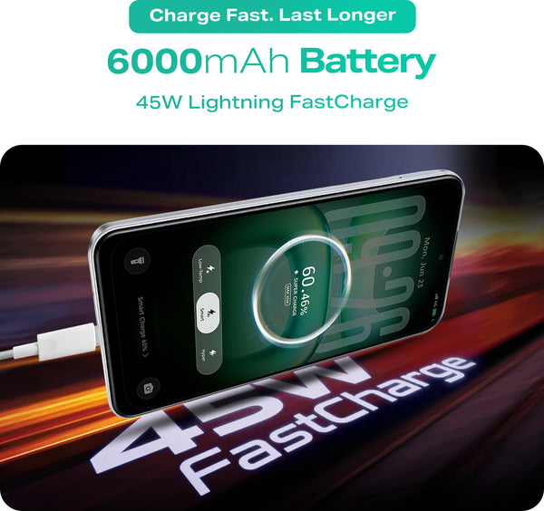 Infinix Hot 70 Pro 5G 6000mAh battery and 45W fast charging feature graphic