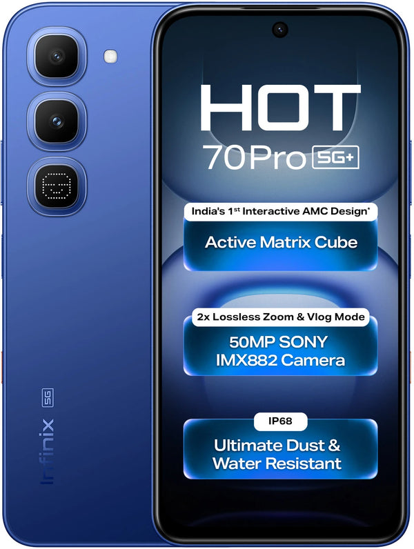 Infinix Hot 70 Pro 5G in Dive Blue, front and rear view with Active Matrix Cube, 50MP camera and IP68 rating