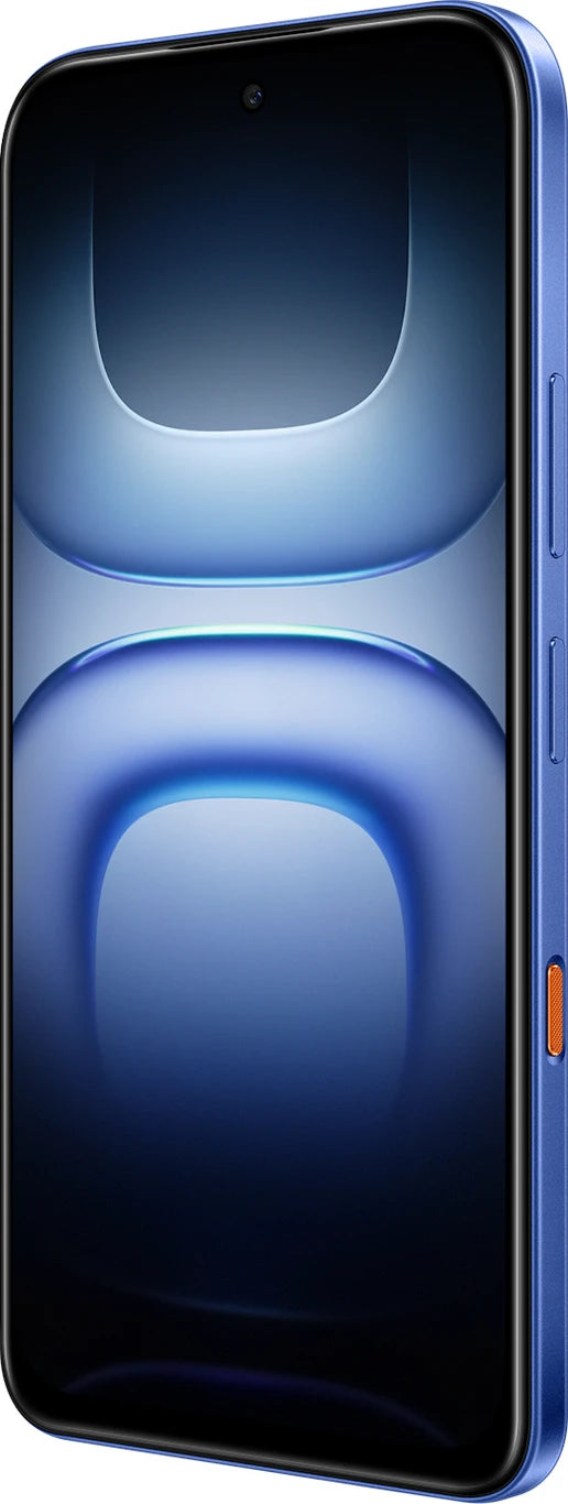 Angled front view of Infinix Hot 70 Pro 5G Dive Blue showing display and slim side frame