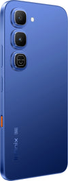 Infinix Hot 70 Pro 5G Dive Blue rear three-quarter view with camera module and orange side button
