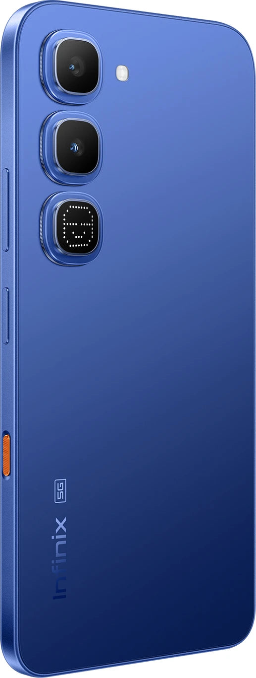 Infinix Hot 70 Pro 5G Dive Blue rear three-quarter view with camera module and orange side button