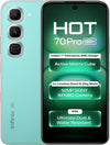Infinix Hot 70 Pro 5G in Mirage Green, front and rear view with Active Matrix Cube, 50MP camera and IP68 rating