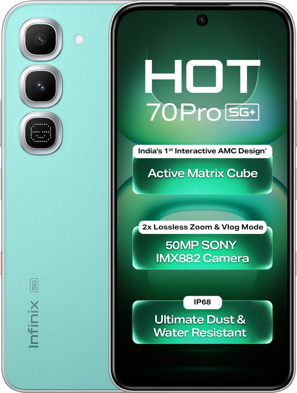 Infinix Hot 70 Pro 5G in Mirage Green, front and rear view with Active Matrix Cube, 50MP camera and IP68 rating