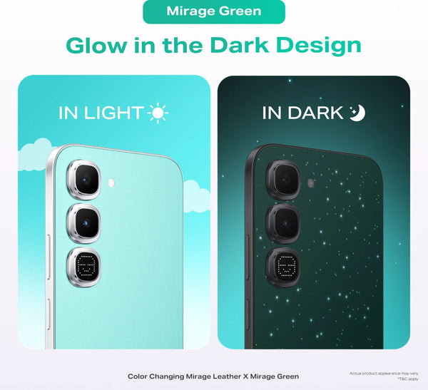 Infinix Hot 70 Pro 5G Mirage Green glow-in-the-dark rear design shown in light and dark