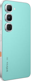 Infinix Hot 70 Pro 5G Mirage Green rear three-quarter view showing cameras and orange side button