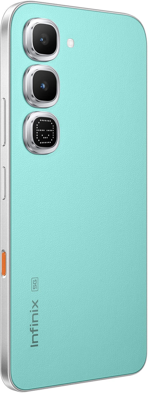 Infinix Hot 70 Pro 5G Mirage Green rear three-quarter view showing cameras and orange side button