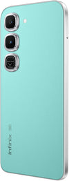 Infinix Hot 70 Pro 5G Mirage Green rear angled view with silver frame and camera design