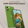 Moto G06 Power 4G in PANTONE Tendril featuring its 50MP Quad Pixel rear camera, shown from the front and back with a colourful portrait on the display.