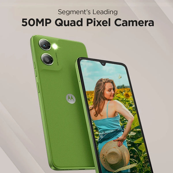 Moto G06 Power 4G in PANTONE Tendril featuring its 50MP Quad Pixel rear camera, shown from the front and back with a colourful portrait on the display.