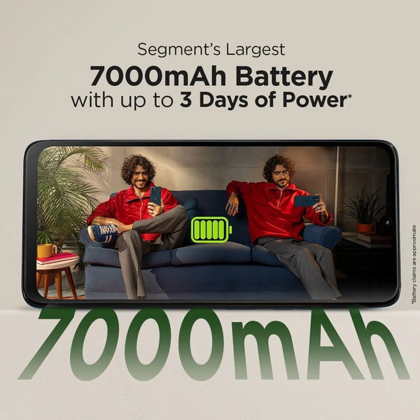 Moto G06 Power 4G 7000mAh battery feature graphic showing video playback and up to three days of power for entertainment and everyday usage.