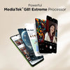 Moto G06 Power 4G MediaTek Helio G81 Extreme processor graphic showing multiple phone screens for apps, gaming and smooth multimedia performance.
