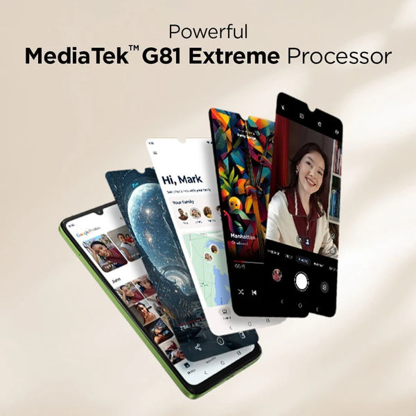 Moto G06 Power 4G MediaTek Helio G81 Extreme processor graphic showing multiple phone screens for apps, gaming and smooth multimedia performance.
