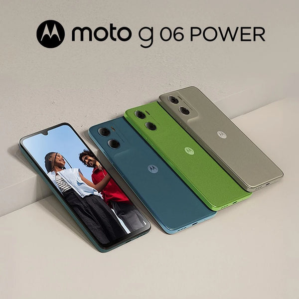 Moto G06 Power 4G colour lineup showing PANTONE Tapestry, PANTONE Tendril and PANTONE Laurel Oak finishes from the front and rear.