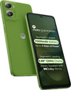 Angled front and rear view of Moto G06 Power 4G in PANTONE Tendril, showing its bright green vegan-leather finish, rear camera module and slim display design.