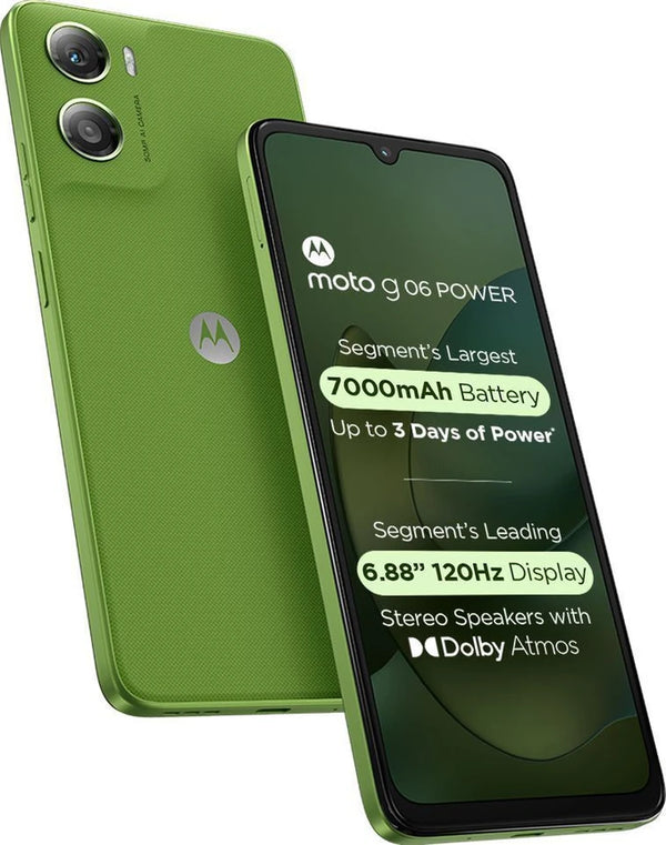 Angled front and rear view of Moto G06 Power 4G in PANTONE Tendril, showing its bright green vegan-leather finish, rear camera module and slim display design.
