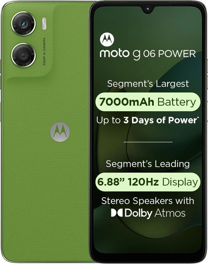 Moto G06 Power 4G in PANTONE Tendril green shown from the front and rear, featuring a vegan-leather back, 50MP camera module, 7000mAh battery and 6.88-inch 120Hz display.