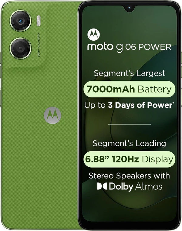 Moto G06 Power 4G in PANTONE Tendril green shown from the front and rear, featuring a vegan-leather back, 50MP camera module, 7000mAh battery and 6.88-inch 120Hz display.