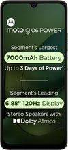 Front view of Moto G06 Power 4G in PANTONE Tendril displaying key highlights including the 7000mAh battery, 6.88-inch 120Hz display and Dolby Atmos stereo speakers.