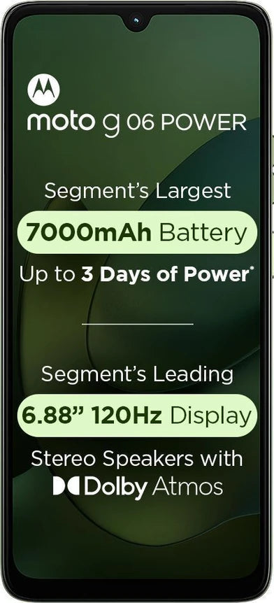 Front view of Moto G06 Power 4G in PANTONE Tendril displaying key highlights including the 7000mAh battery, 6.88-inch 120Hz display and Dolby Atmos stereo speakers.