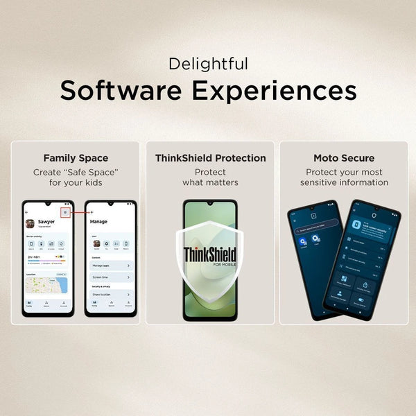 Moto G06 Power 4G software experiences graphic showing multiple interface screens and built-in Motorola tools for a personalised and convenient user experience.